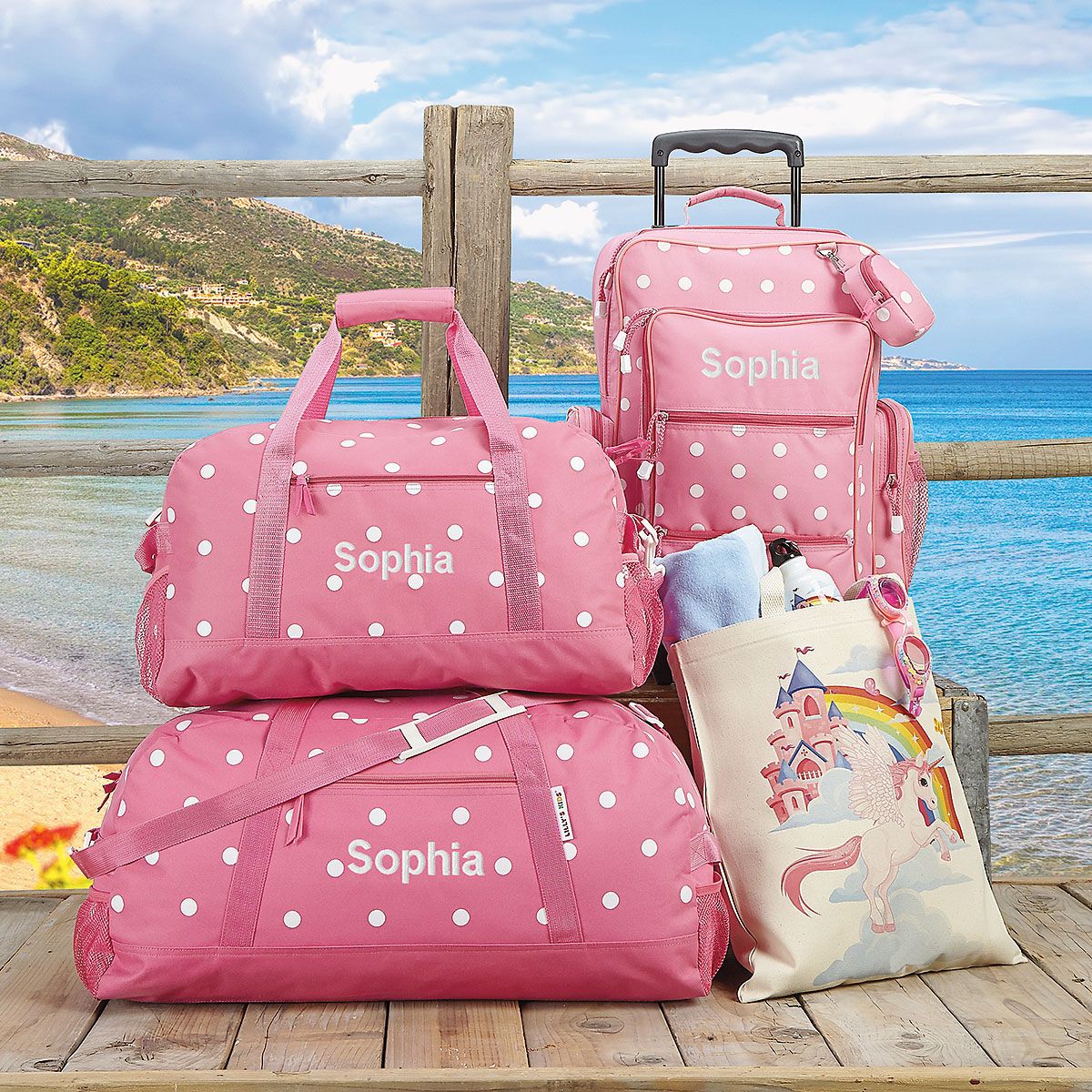 Pink with White Dots Personalized Rolling Luggage Lillian Vernon