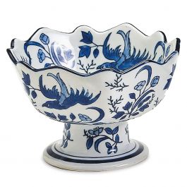 Blue & White Birds Scalloped Footed Bowls