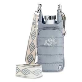 Sky Gray Crossbody Personalized Water Bottle Bag with Strap - Script