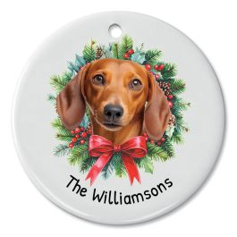 Dachshund Throw the Snow Personalized Round Ornament - Red Short Hair