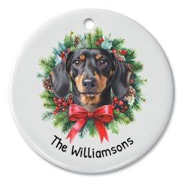 Dachshund Throw the Snow Personalized Round Ornament - Black Tan Short Hair