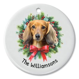 Dachshund Throw the Snow Personalized Round Ornament - Cream Long Hair