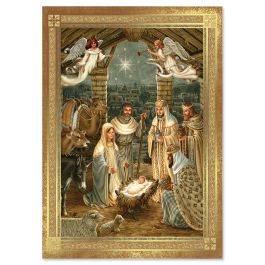 Golden Nativity Deluxe Christmas Cards - Personalized