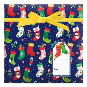 Christmas Stockings Jumbo Rolled Gift Wrap and Labels