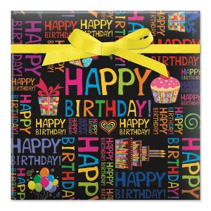 Happy Words on Black Jumbo Rolled Gift Wrap