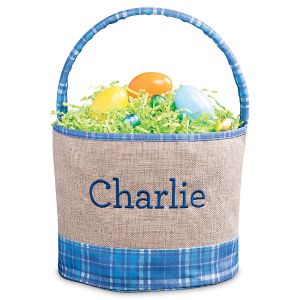 Blue Personalized Burlap & Plaid Easter Basket 