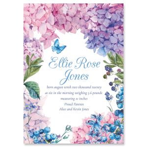 Lavish Hydrangea Personalized Birth Announcement - Light Weight Stock