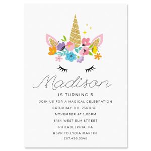 Bashful Unicorn Birthday Personalized Invitation - Light Weight Stock 