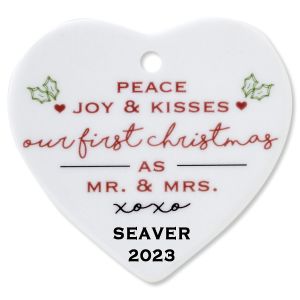 Peace, Joy & Kisses Heart Wedding Christmas Personalized Ornament