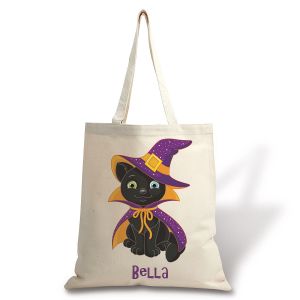 Personalized Halloween Black Cat Canvas Tote