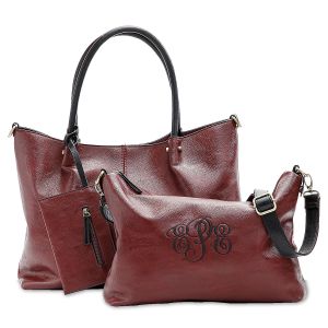 Personalized Burgundy Vegan Leather Tote Set