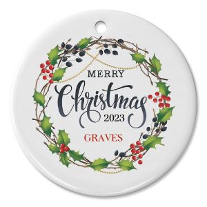 Merry Christmas Berry Wreath Personalized Ornament