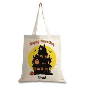 Personalized Natural Canvas Haunted House Halloween Tote