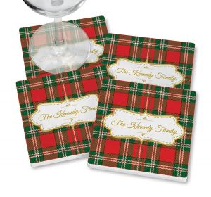Green-Red Tartan Plaid Coasters with wine glass