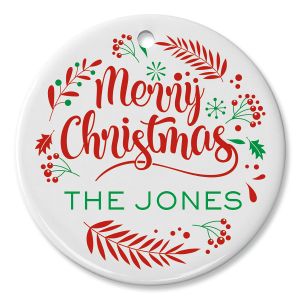 Round Personalized Merry Christmas Ceramic Ornament  