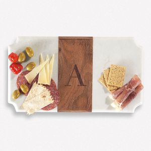 White Marble & Wood Serving Board with Initial