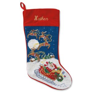 Sleigh & Reindeer Heirloom Needlepoint Personalized Christmas Stocking
