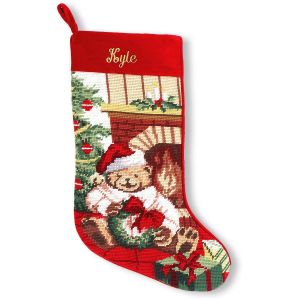 Teddy Bear Heirloom Needlepoint Personalized Christmas Stocking