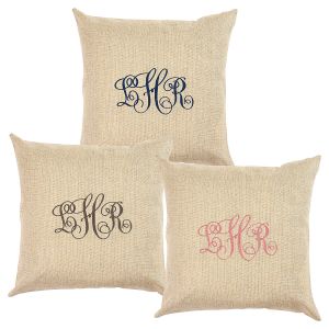 Natural Embroidered Script Monogram Pillow