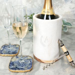 White Marble & Wood Personalized Wine Chiller