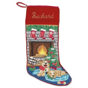 Puppies Heirloom Needlepoint Personalized Christmas Stocking