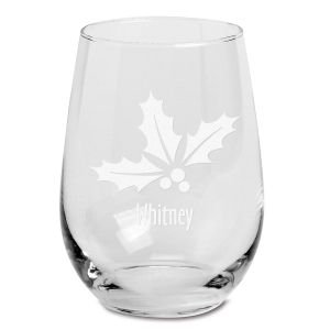 Holly Berry Personalized Stemless Holiday Wine Glass