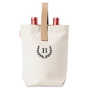 Personalized Wine Bag with Leather Strap - Initial with Laurel Leaves