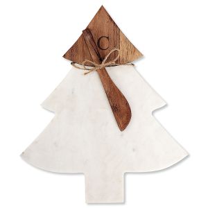 White Monogrammed Marble & Wood Tree Shaped Board with Spreader