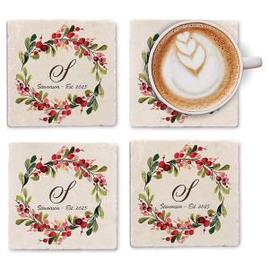 Marble Holiday Berry Personalized Coasters