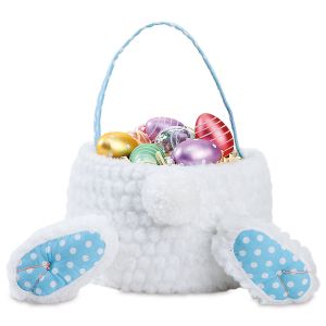 Bunny Tail Easter Decorator Basket with Blue Polka-Dot Trim 