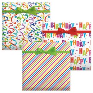 Bright Happy Birthday Blast/Bright Stripes/Happy Birthday Confetti Jumbo Rolled Gift Wrap