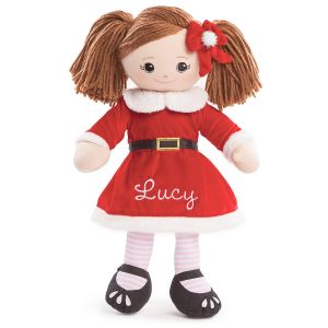 Personalized Brunette Rag Doll in Santa Dress