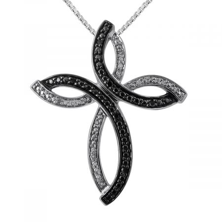 Black and White Diamond Accent Cross Pendant with 18" Chain