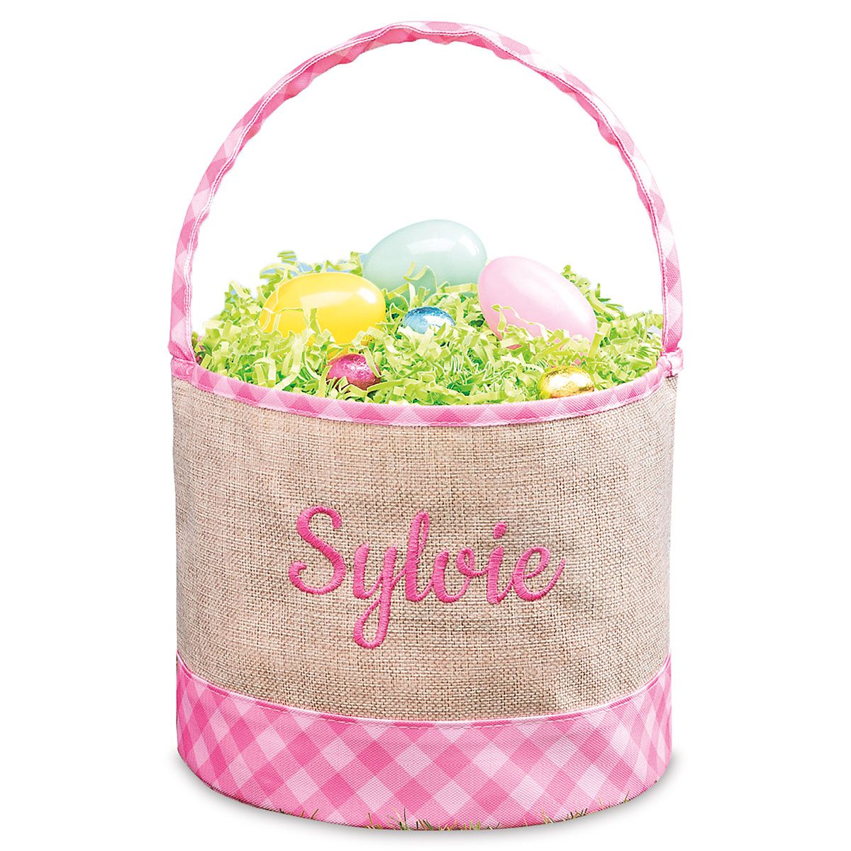 Personalized Burlap & Gingham Easter Basket Pink Lillian Vernon