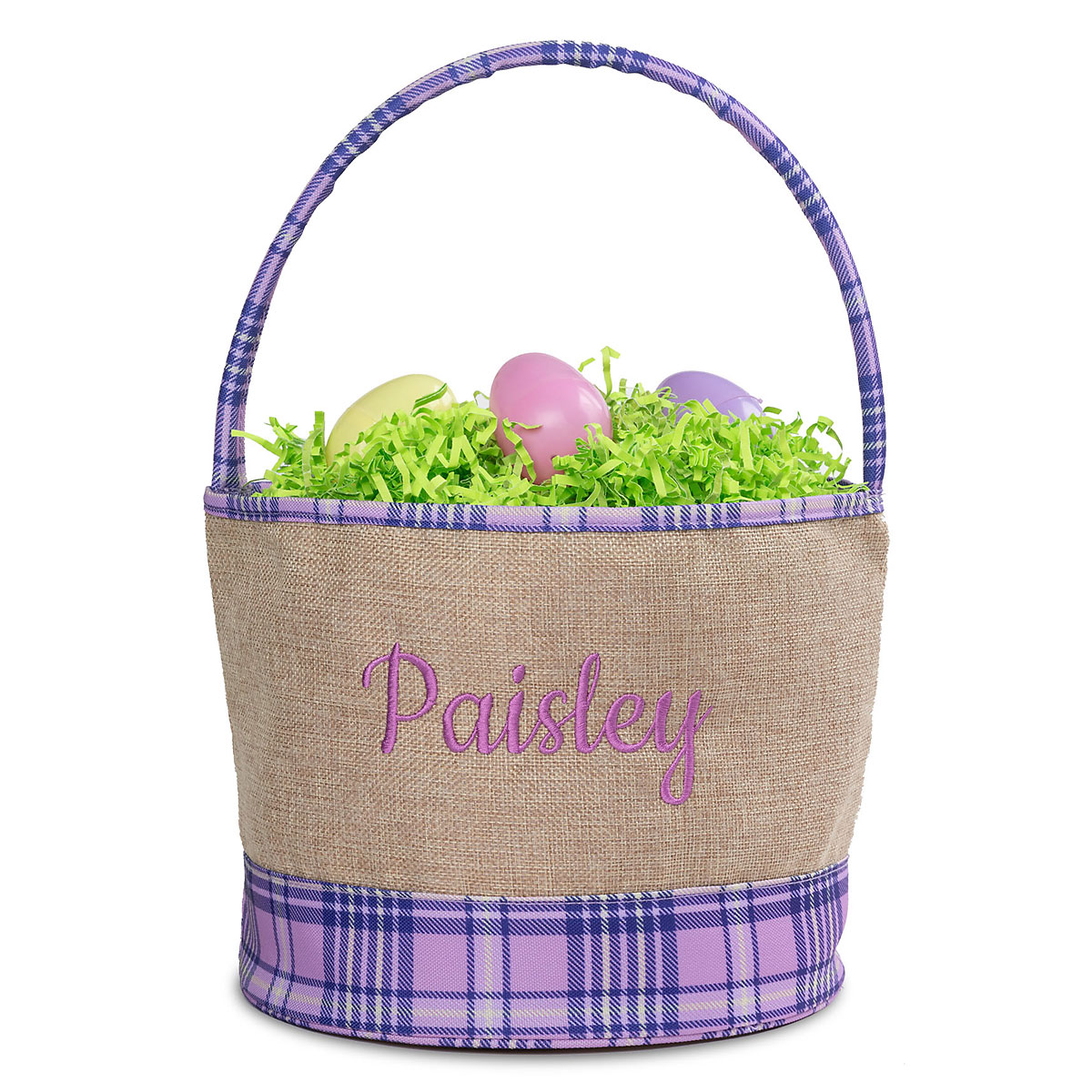 Personalized Burlap Purple Plaid Easter Basket | Lillian Vernon