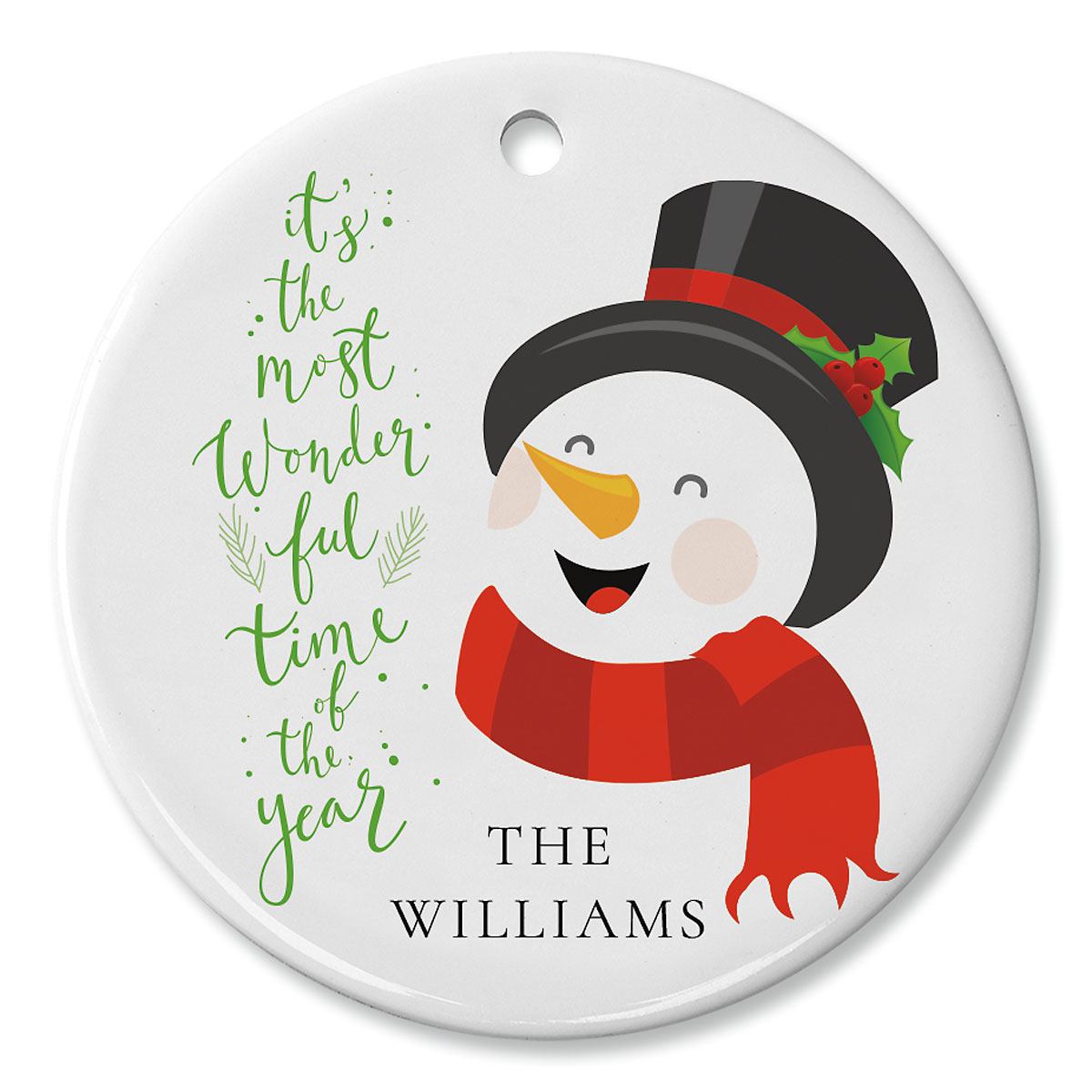 Laughing Snowman Personalized Ornament Circle | Lillian Vernon