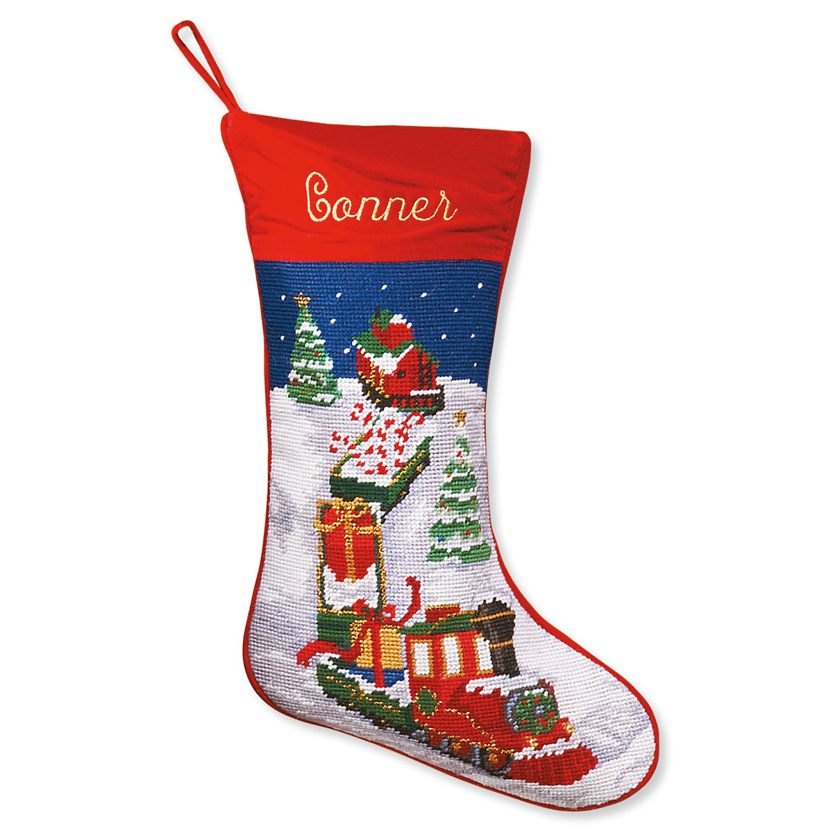 Train Heirloom Needlepoint Personalized Christmas Stocking | Lillian Vernon