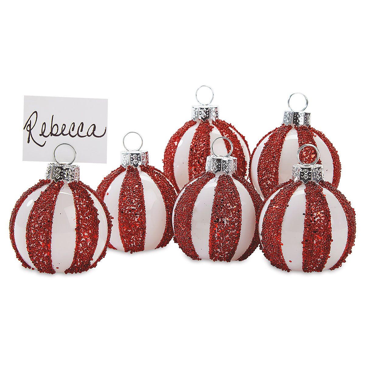 Twos Company Glass Peppermint Twist Ornament Place Card Holders Set of 6