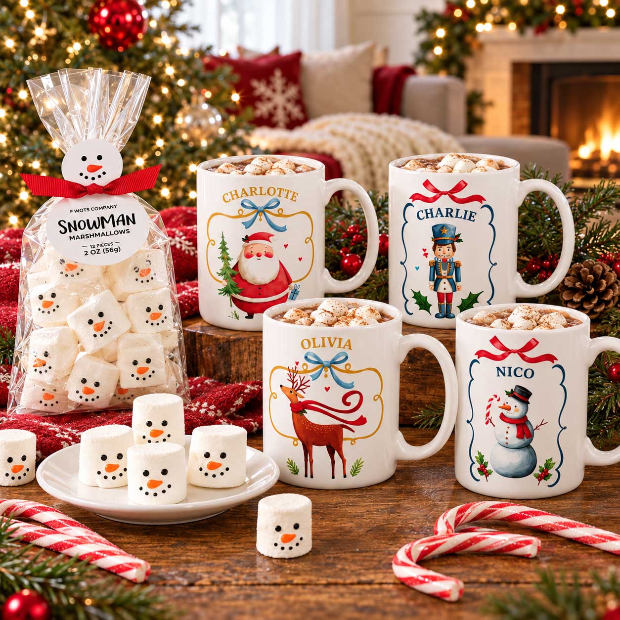 Personalized Christmas mugs with snowman marshmallows